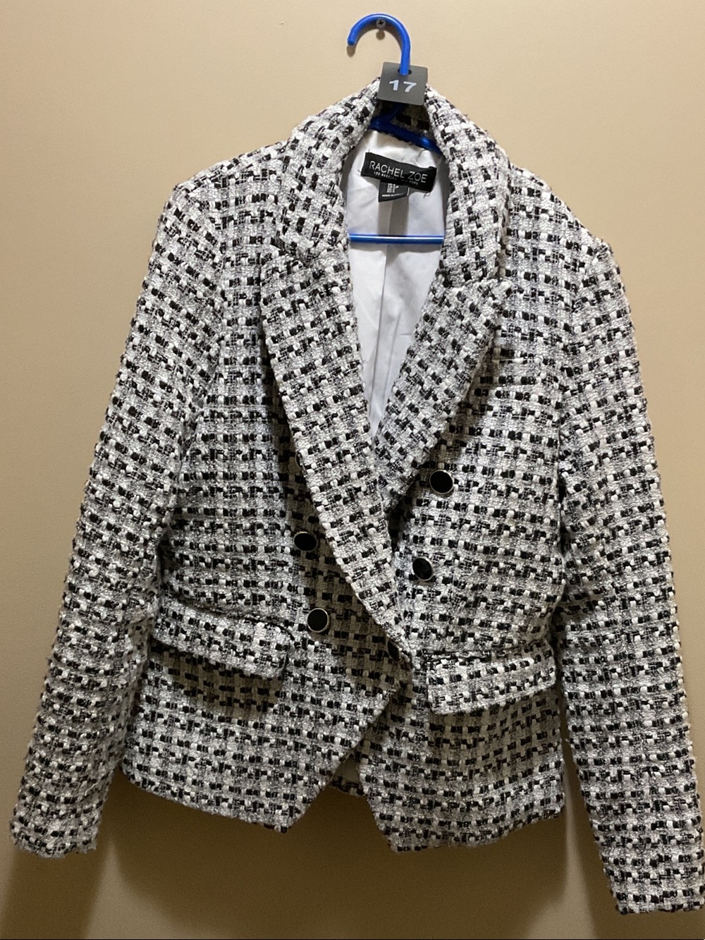017 Rachel Zoe Black and White Tweed Double-Breasted Blazer Jacket